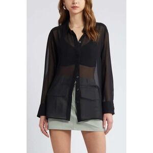 NWT Open Edit Sexy Sheer Button Up Top Women L Relaxed Fit Noir Glam Minimalist